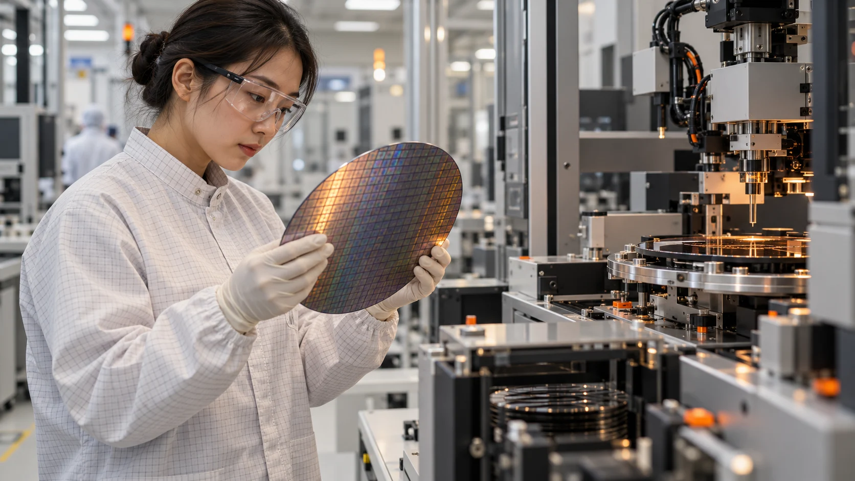 Engineer examining a silicon wafer in an industrial laboratory