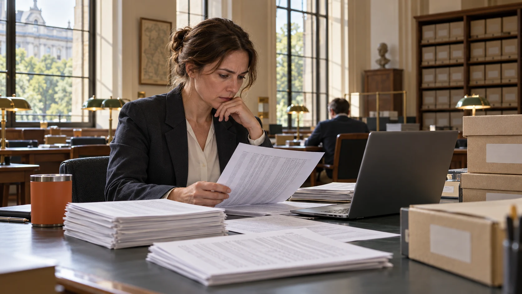 Une personne examine des journaux web imprimés dans une salle de lecture d'archives