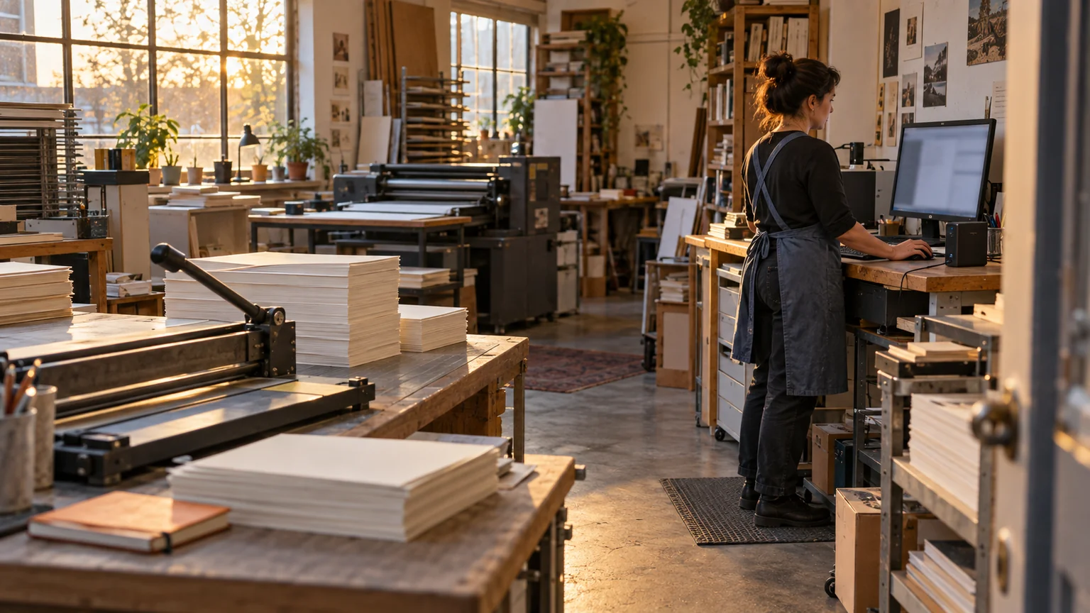 Print shop owner carrying out computer maintenance after closing time