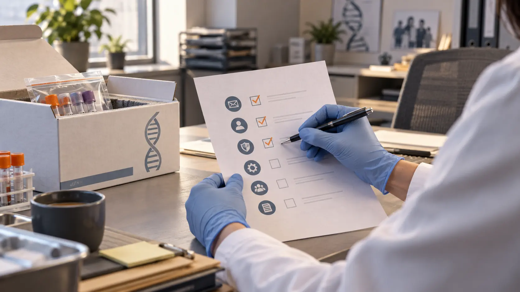 Gloved hand checking a paper procedure in a clinical records office