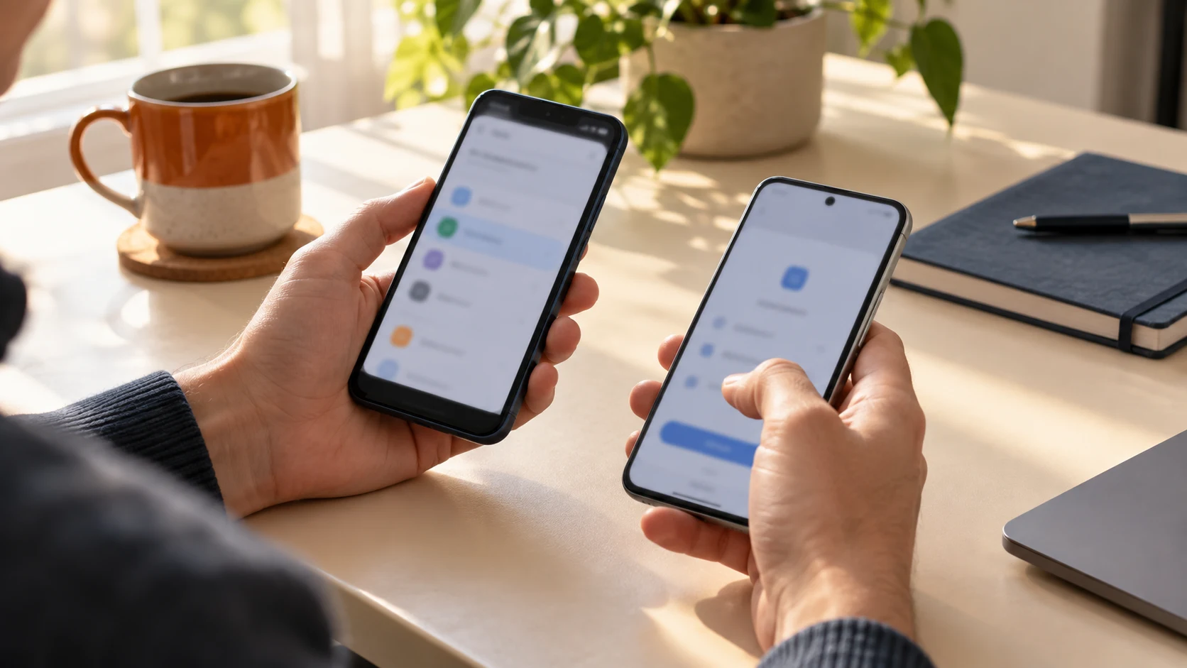 A person uses two phones to move credentials between password managers