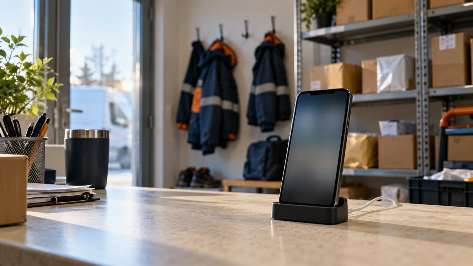A work phone charges on the reception counter of a small delivery business
