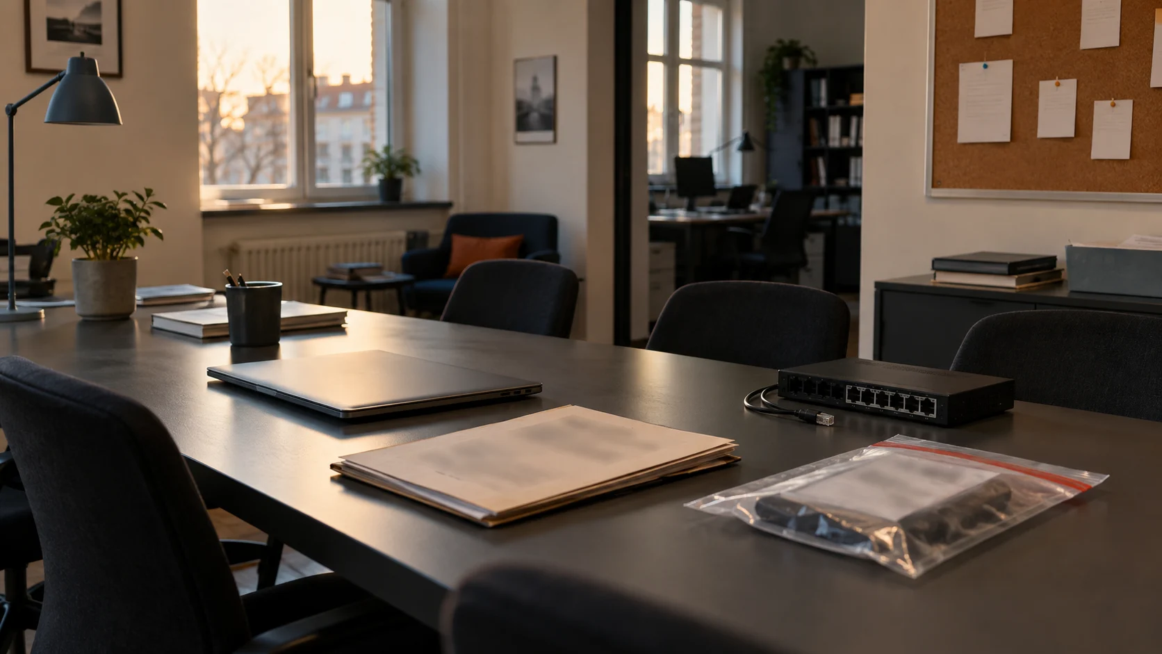 Bureau politique vide après un incident, avec ordinateur fermé, switch déconnecté et dossiers floutés