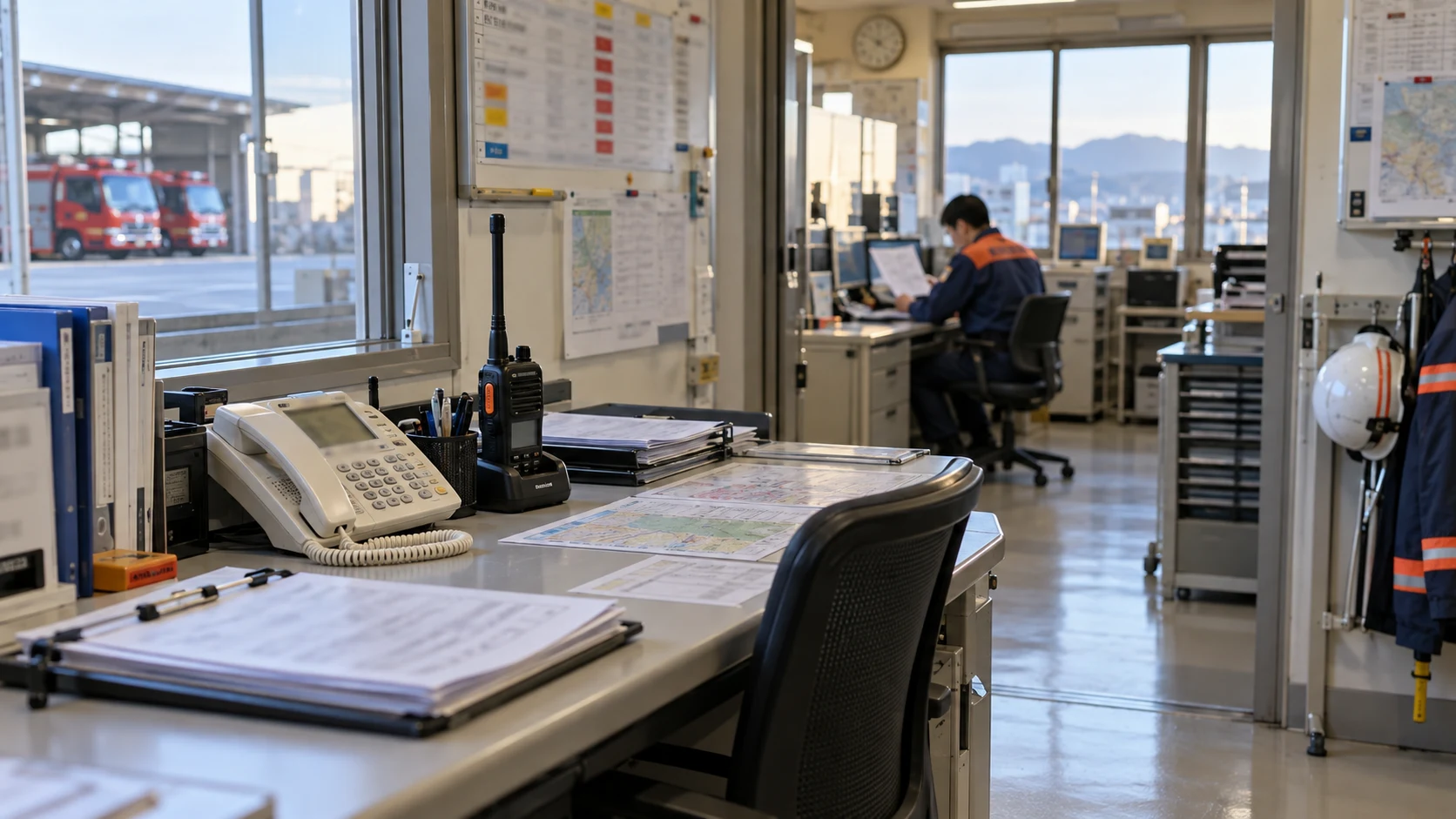 A municipal communications desk with a phone, radio and printed emergency contact lists