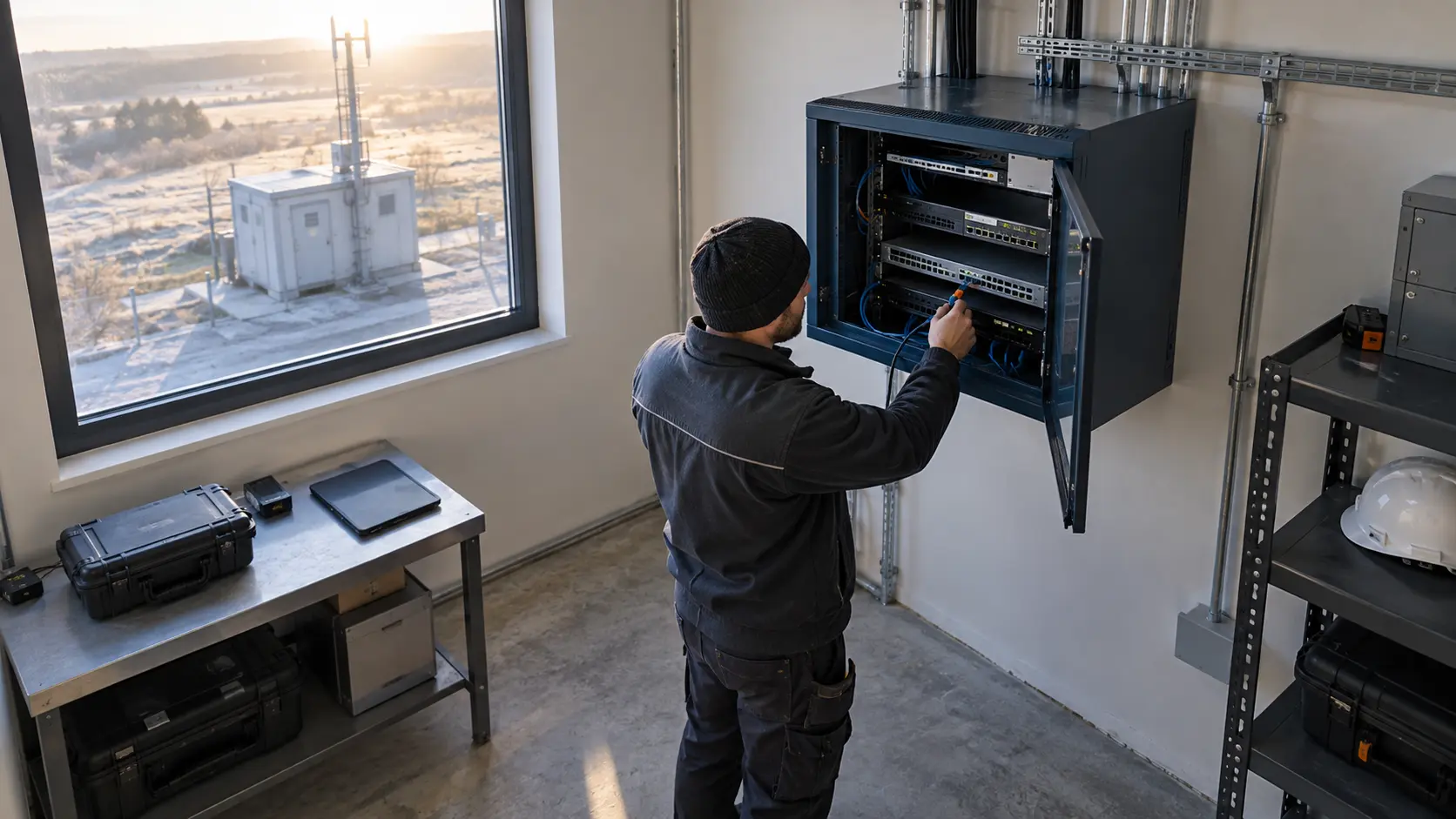 Un technicien vérifie une armoire réseau dans un site industriel