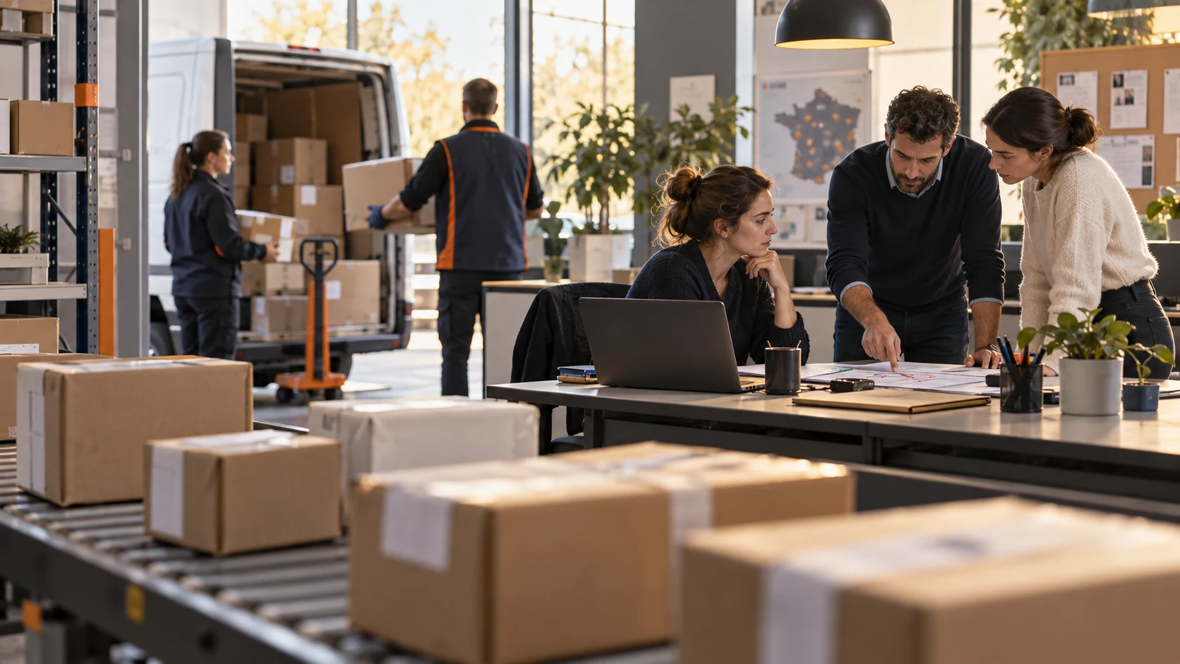 Équipe logistique examinant des flux de livraison dans un entrepôt