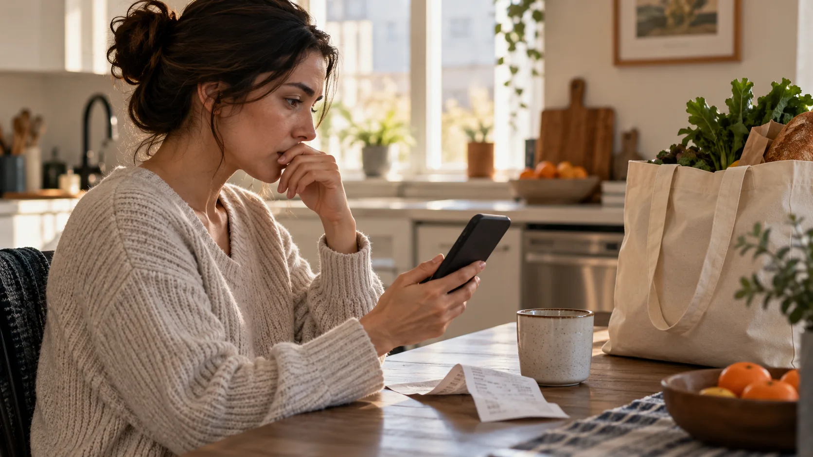 A customer checks a phone in a kitchen after receiving an unexpected notification