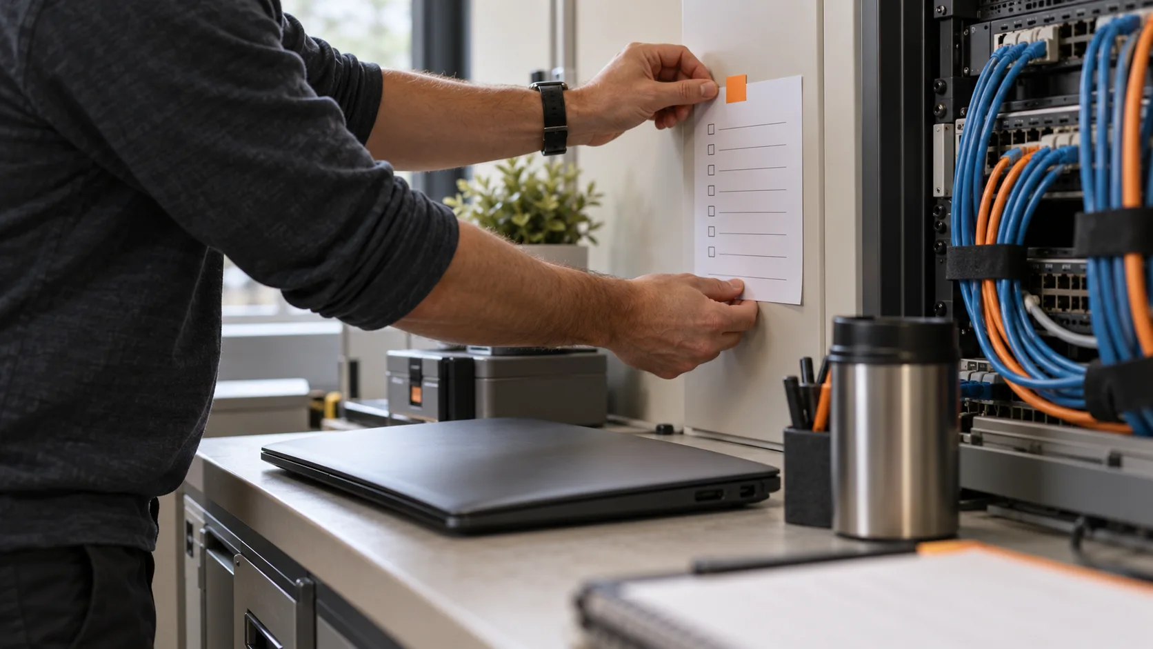 An engineer prepares a maintenance checklist near an IT workstation