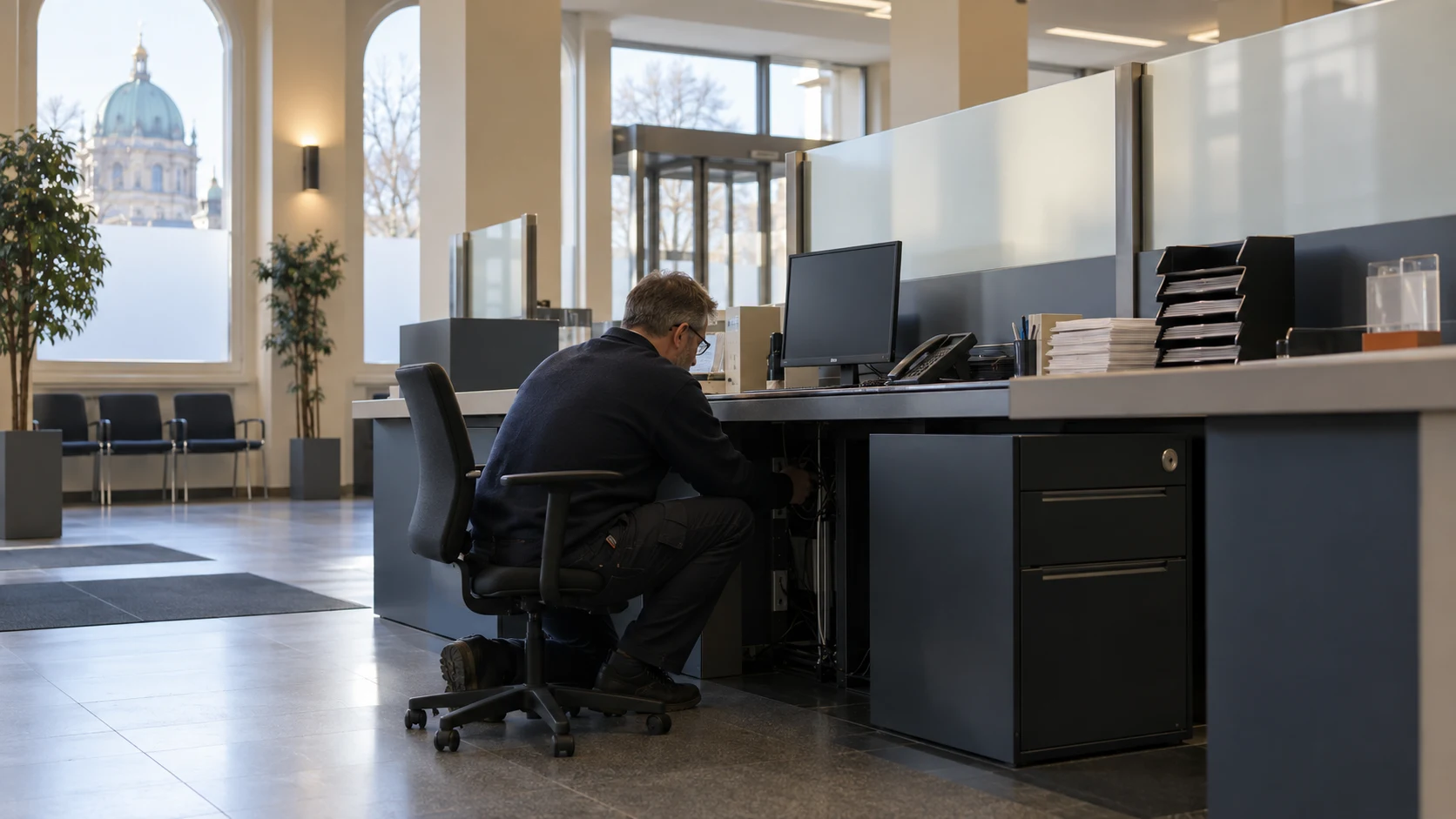 Agent checking an isolated workstation in a Berlin public service office