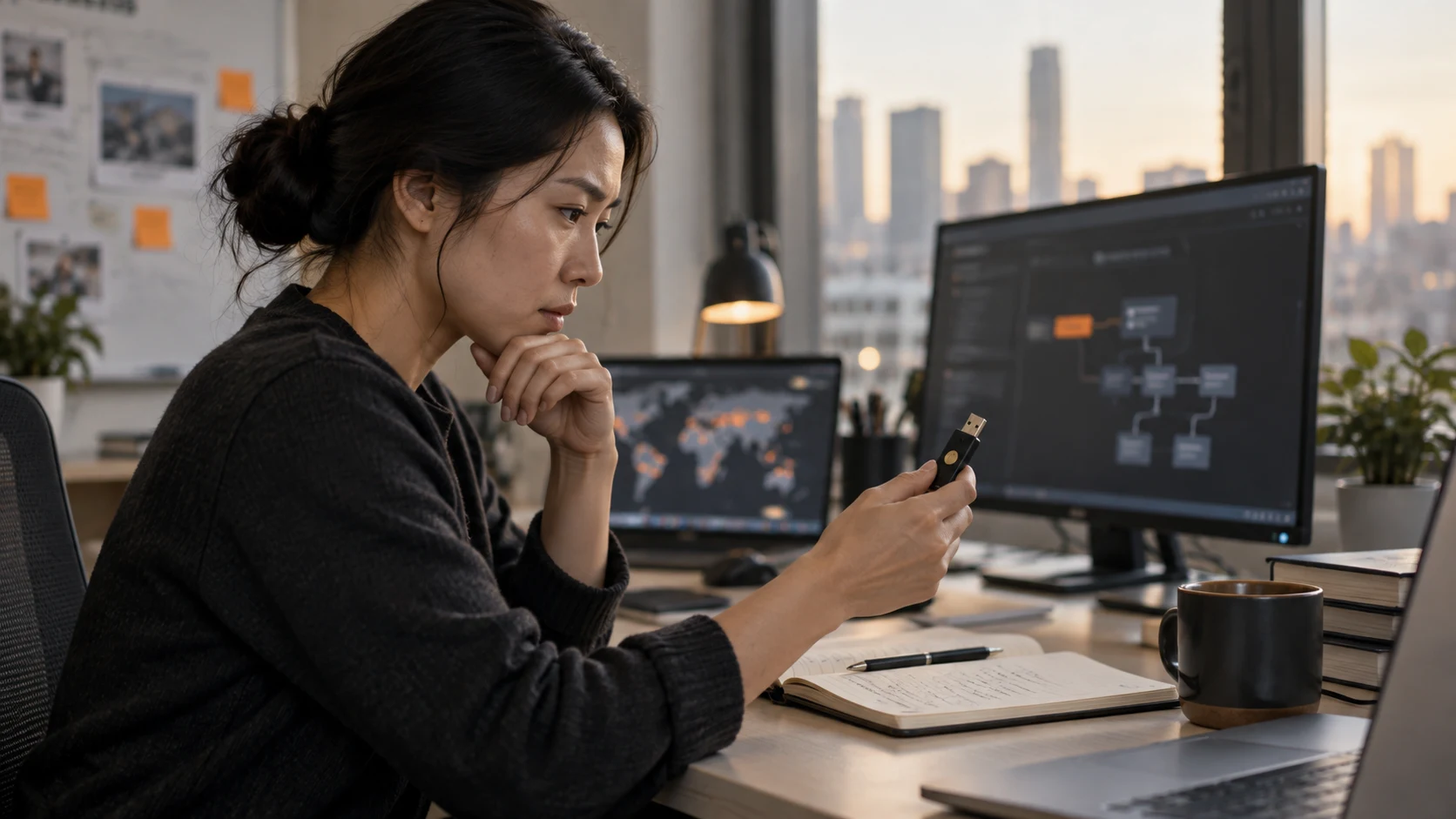 An analyst examines a security key in an operations room