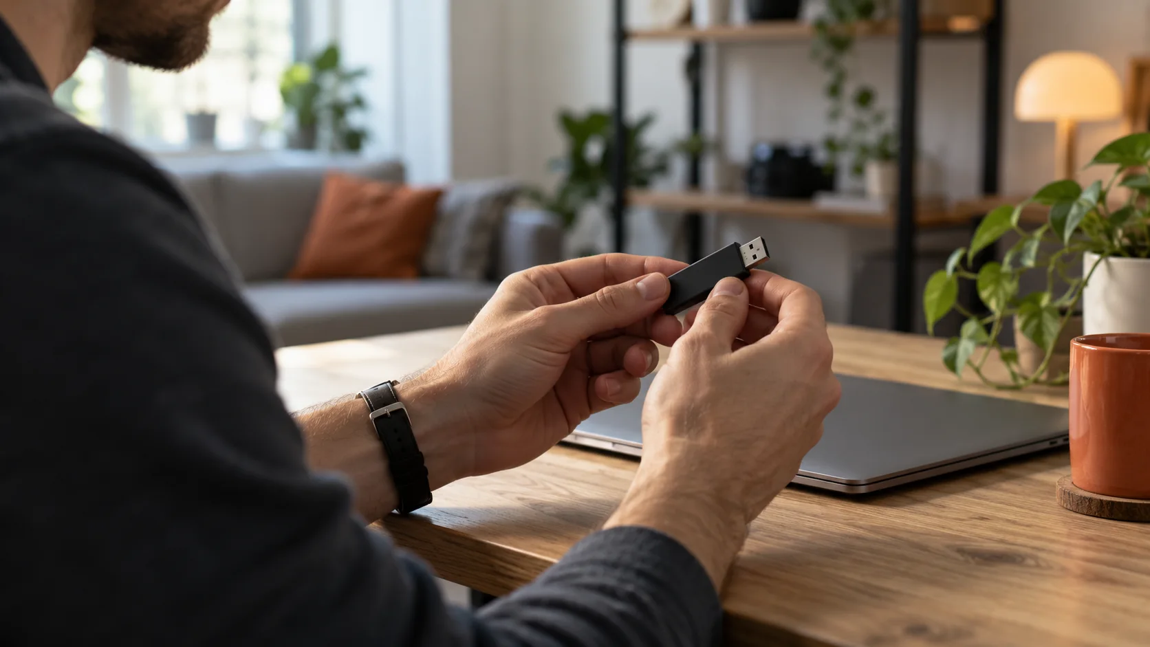 A developer holds a USB drive in front of a closed laptop