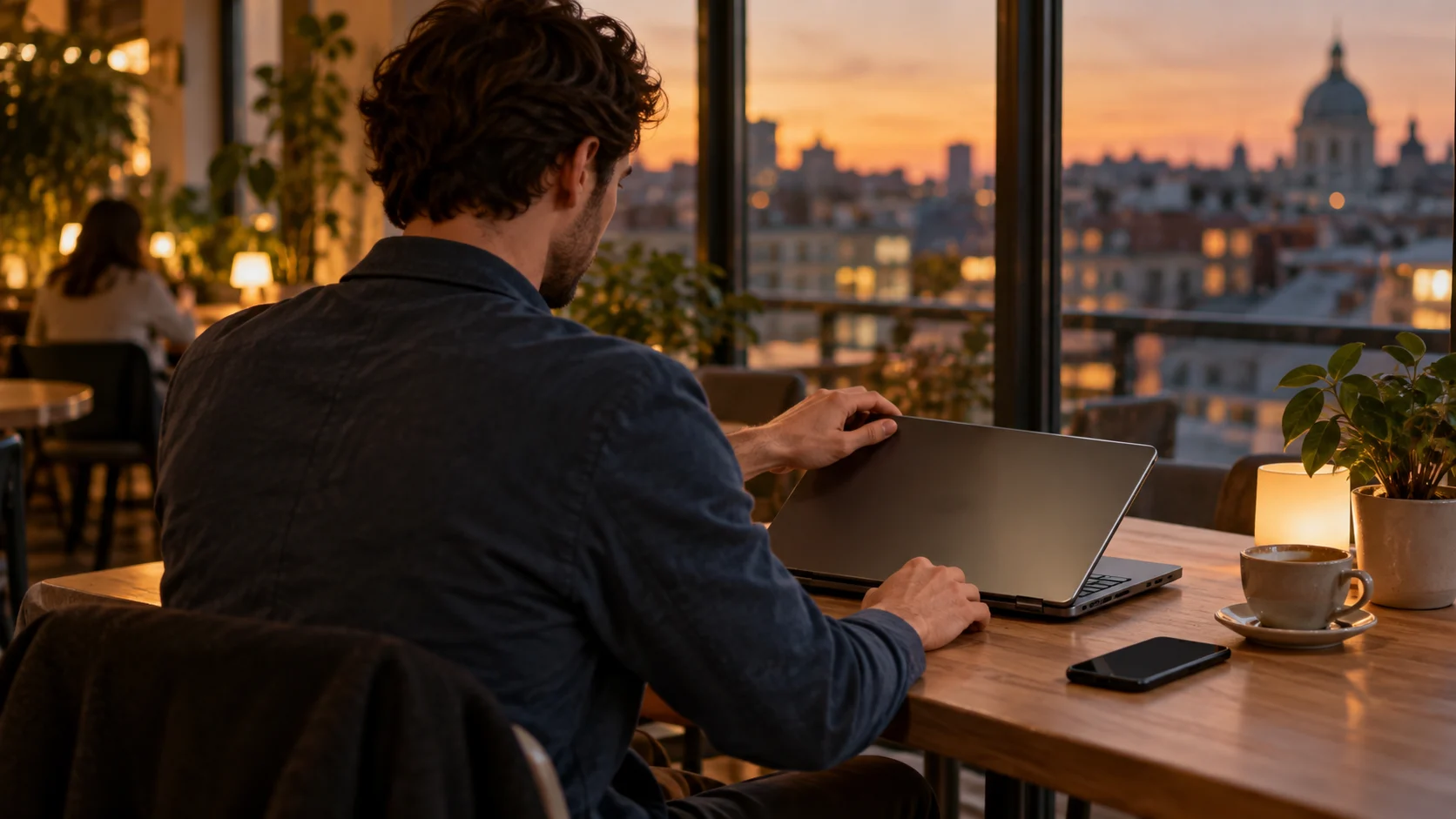 A user closes a laptop in a shared workspace
