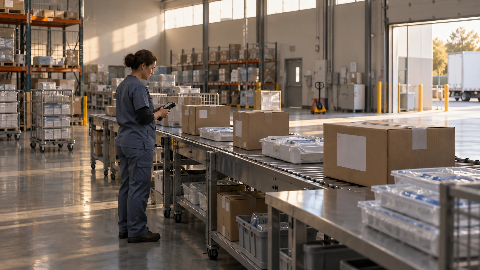 Technician checking a medical shipment in a distribution center