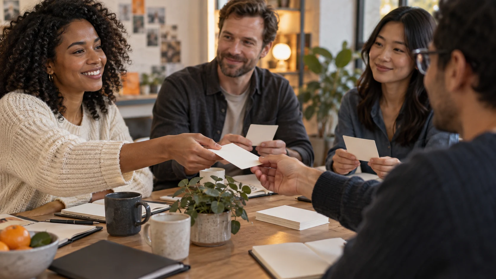 Petit atelier où des utilisateurs échangent des cartes vierges autour d'une table