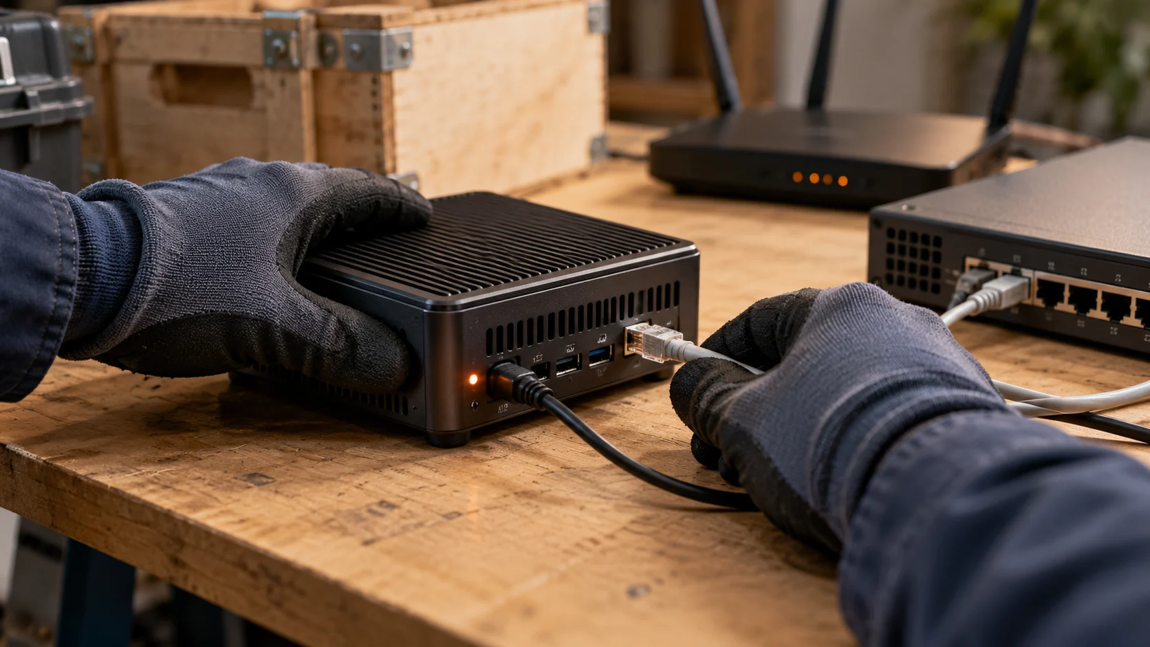 Hands disconnect a compact computer and its network cable