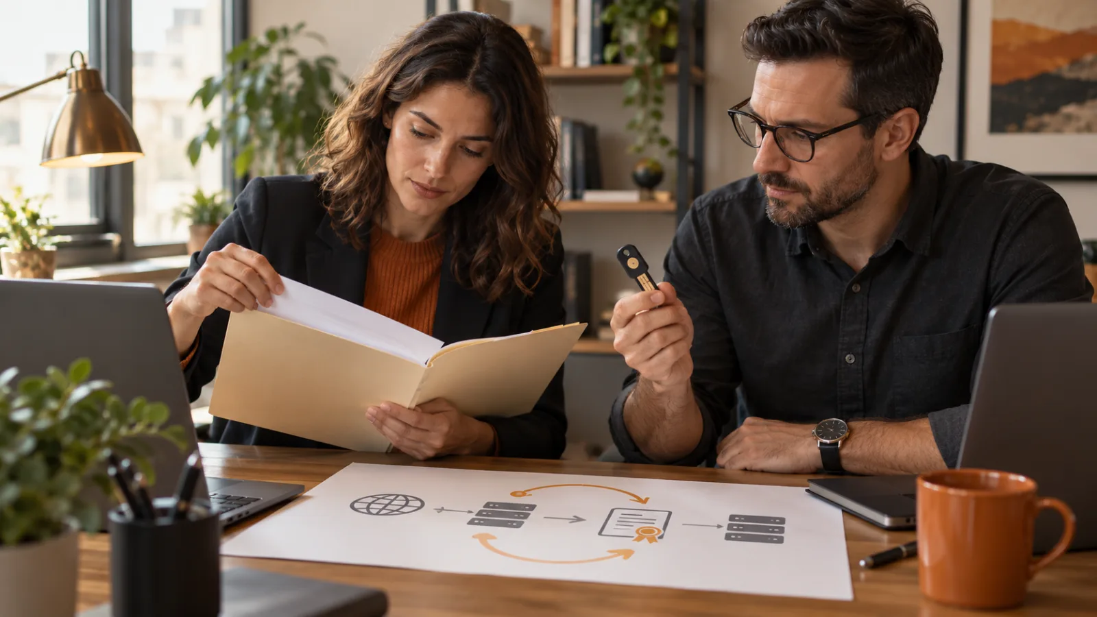 Two specialists review a domain management workflow