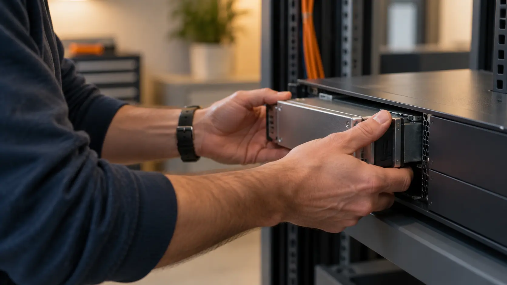 Technician working on a network appliance in a small-business IT room