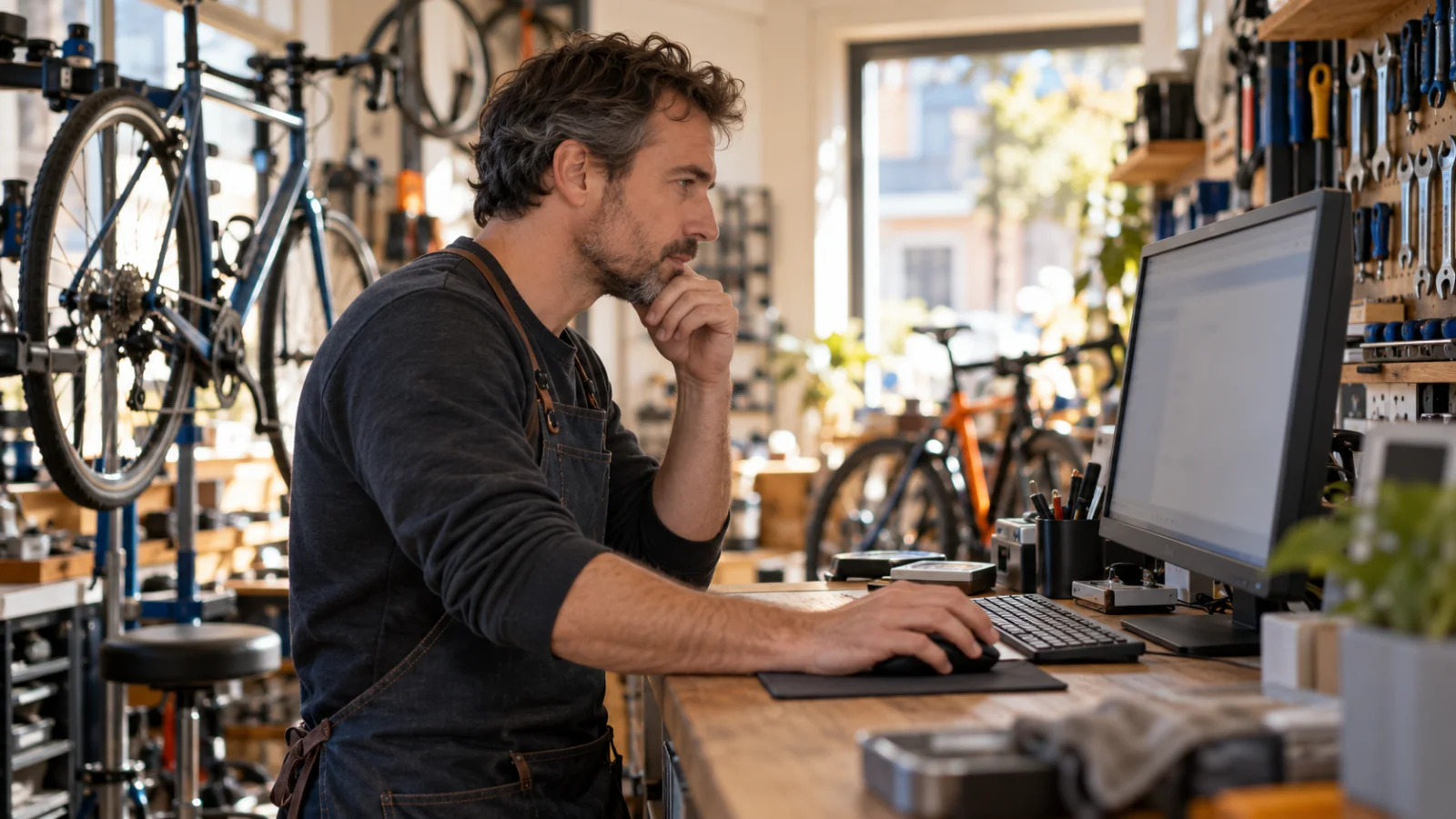 A shop owner uses a desktop computer at a bicycle repair workshop counter