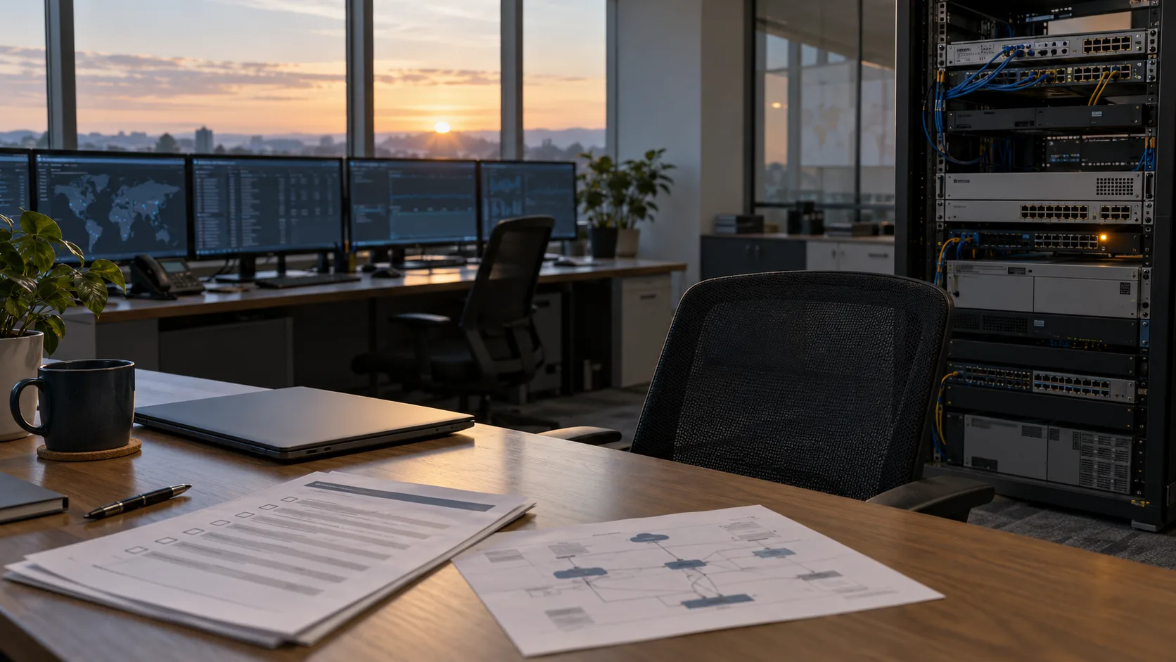An empty workstation in a network room while an SD-WAN appliance is checked