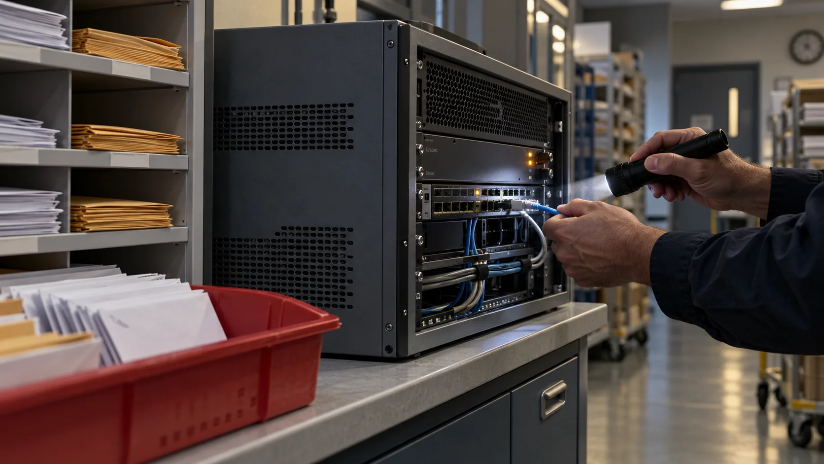 A technician checks an email gateway cable in a mailroom