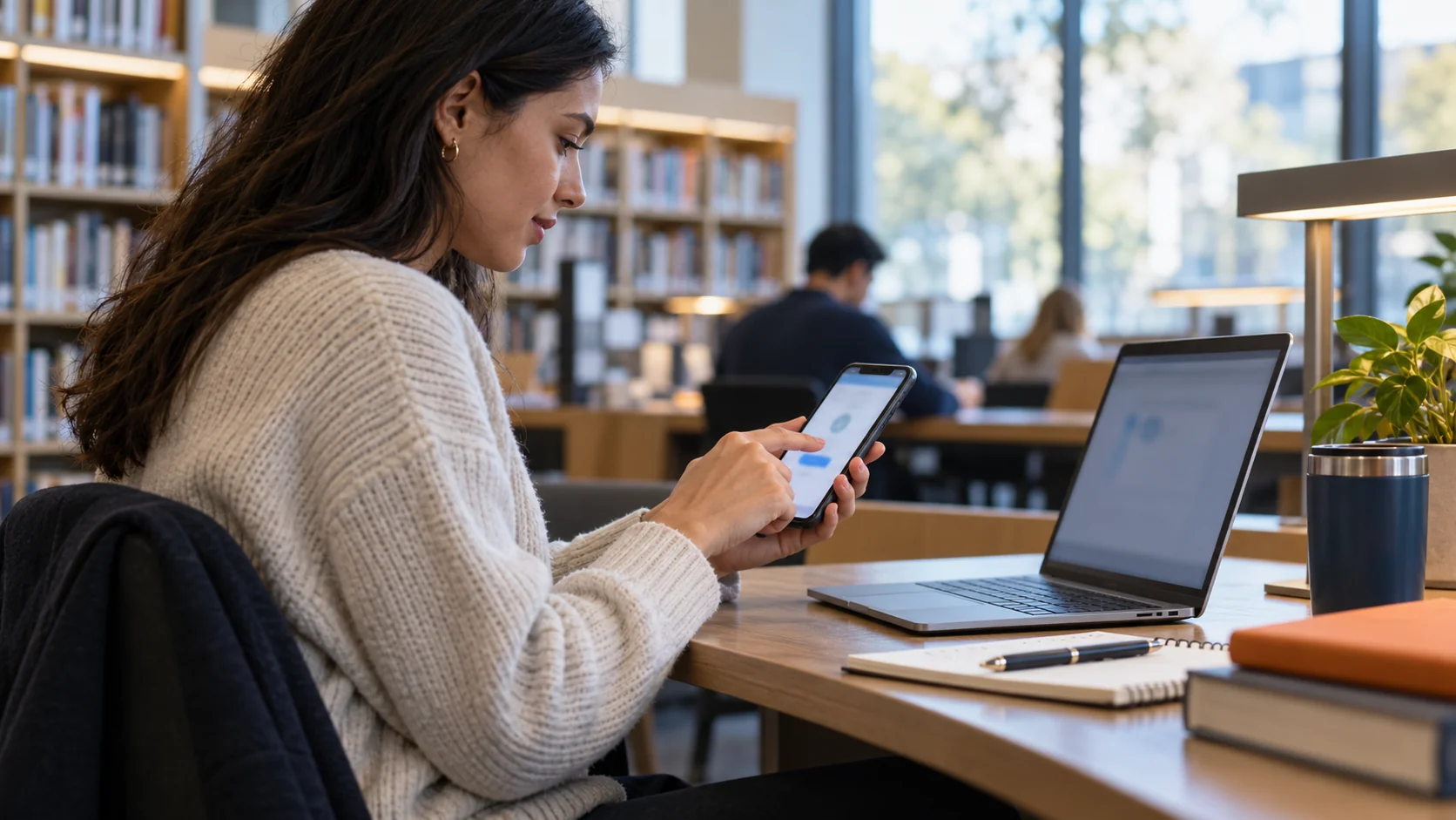A library worker checks a sign-in approval on a phone beside a shared workstation