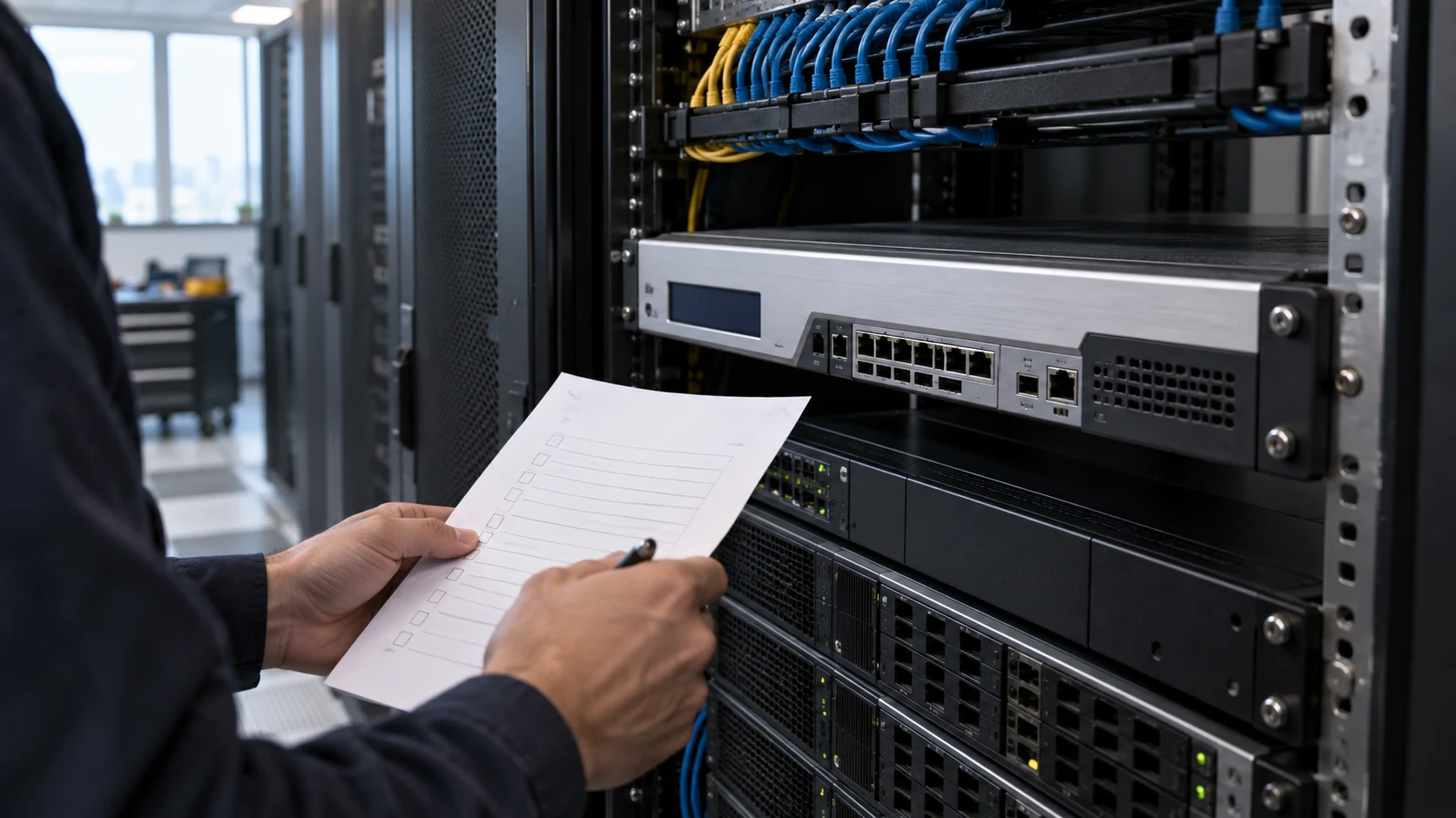 An administrator checks a network gateway in a technical room