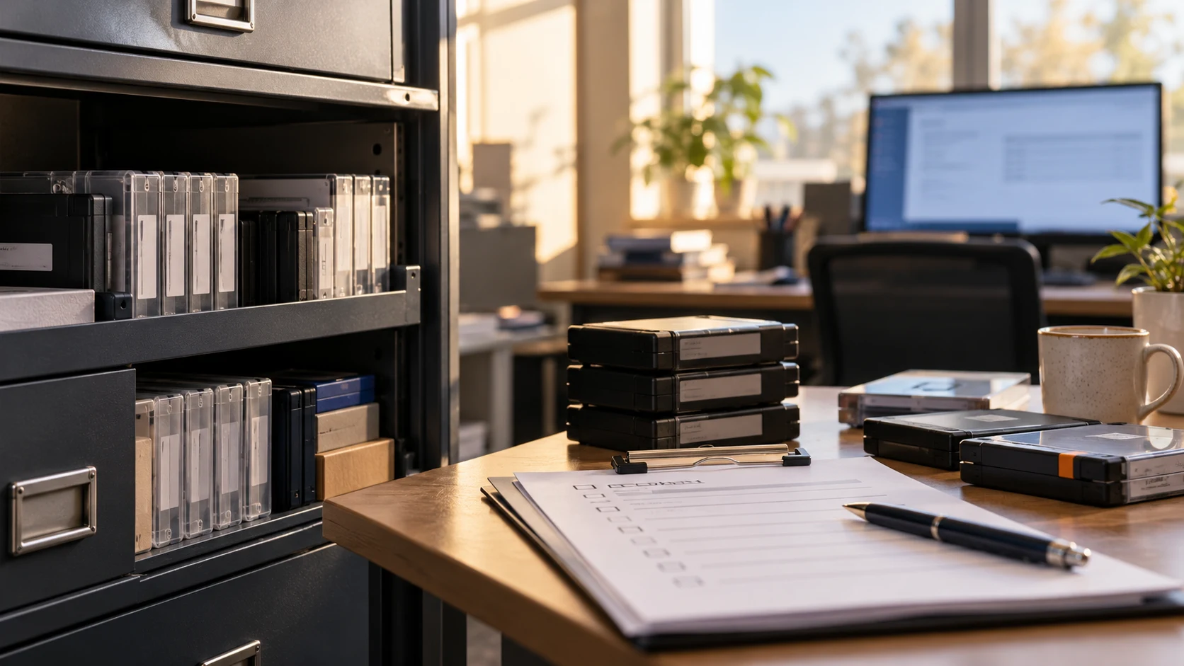 Des supports d’archives et une liste de restauration dans un local de sauvegarde au calme