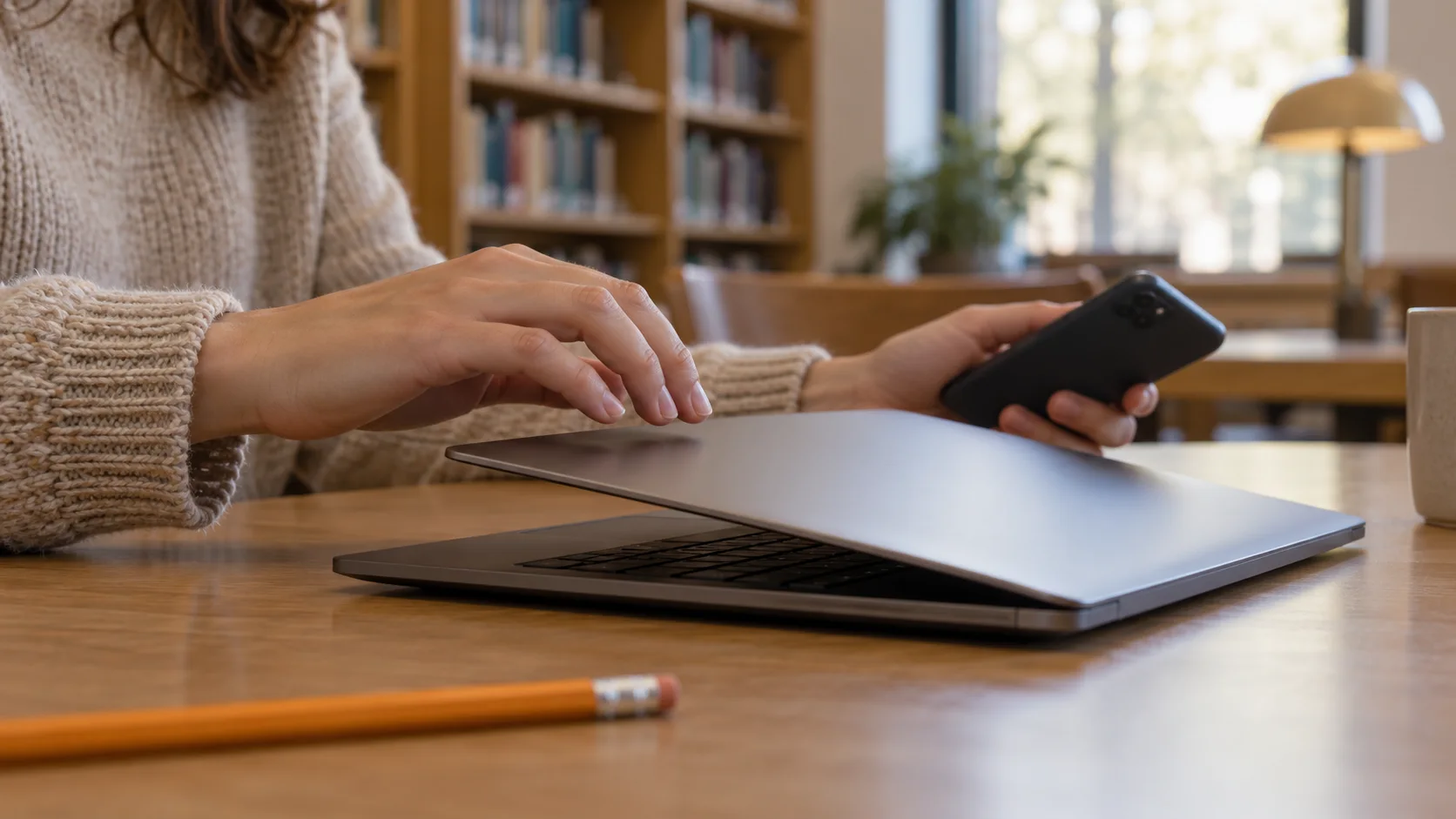 Une personne ferme son ordinateur portable en gardant son téléphone à portée de main