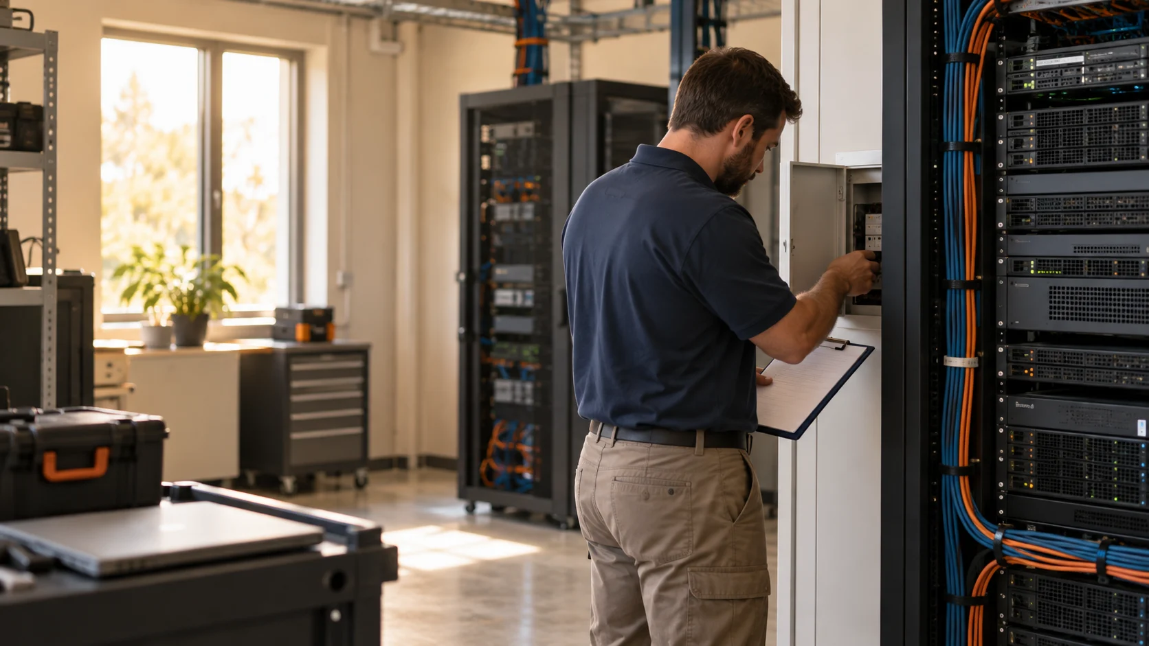 Administrator checking a maintenance panel in a web-hosting server room