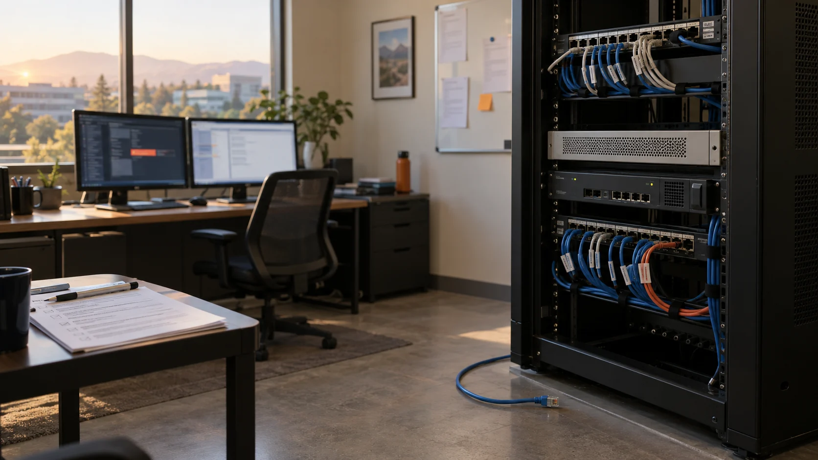 An empty network room with an access-control rack and an unplugged management cable after an incident