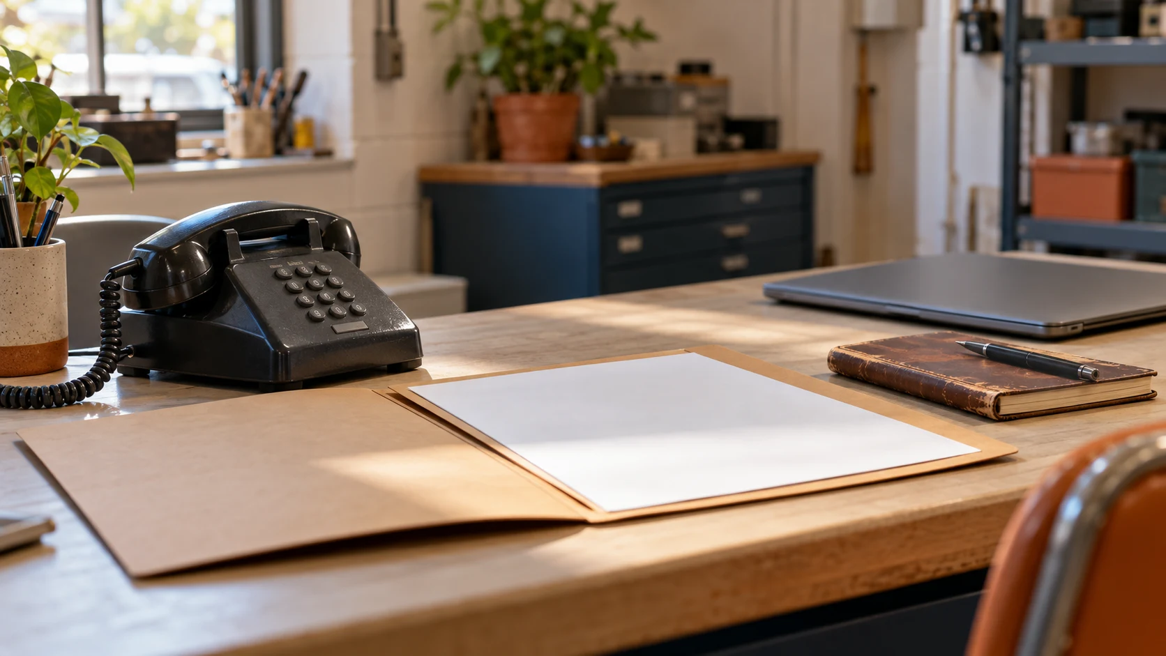 Carnet de continuité, téléphone et dossier de contacts sur le comptoir d'une petite entreprise