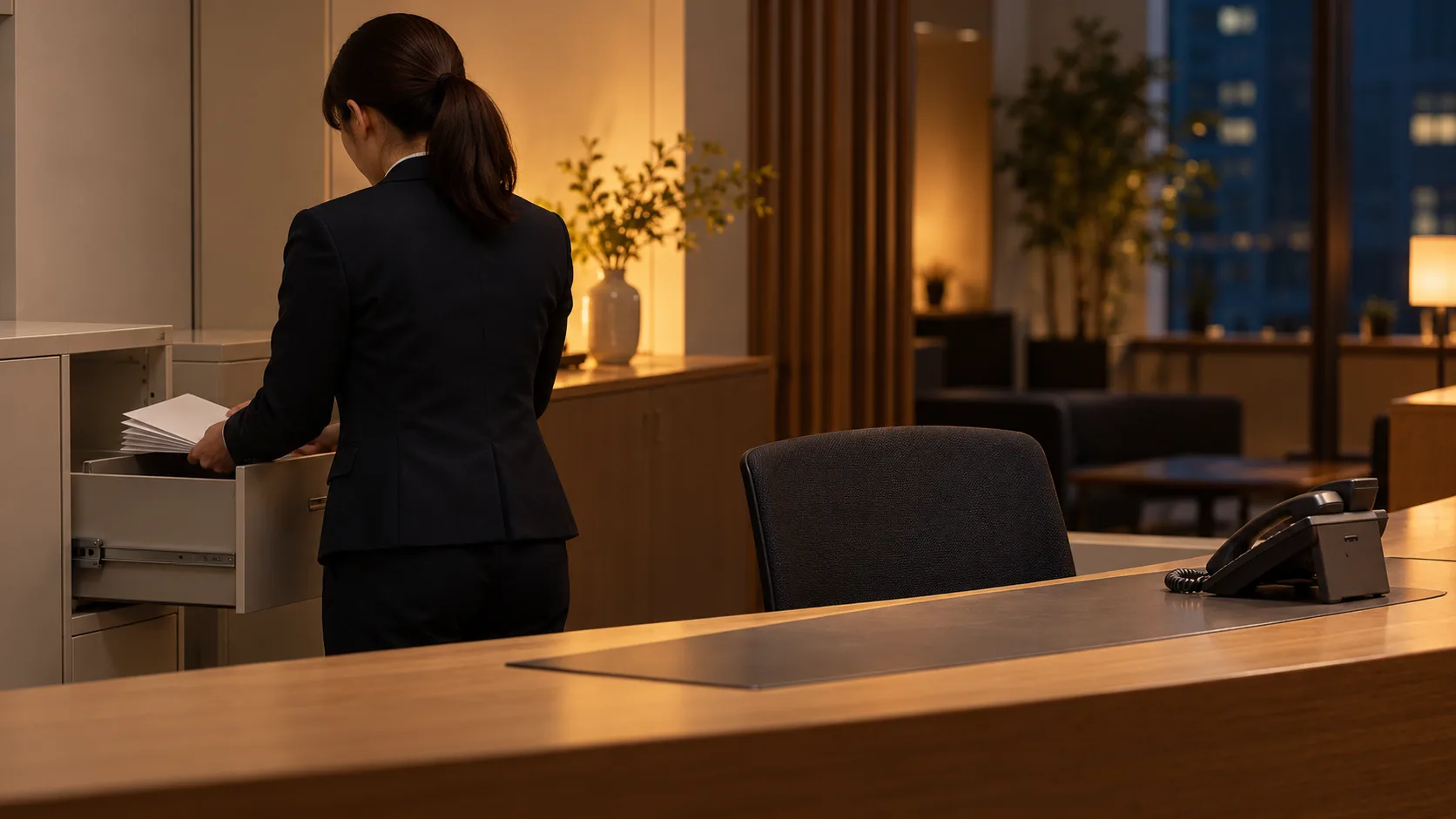 Un employé range un document sans texte lisible dans un bureau financier