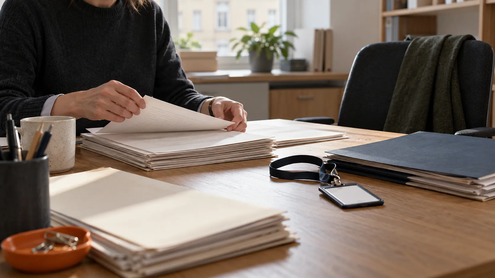 Des formulaires administratifs anonymisés sont examinés sur un bureau