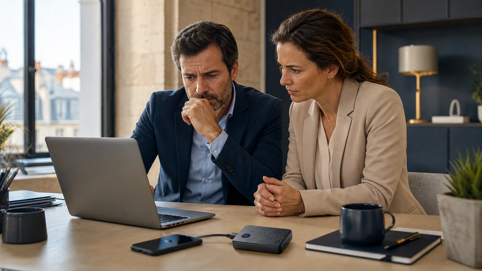 Two business leaders checking a tax message before securing access
