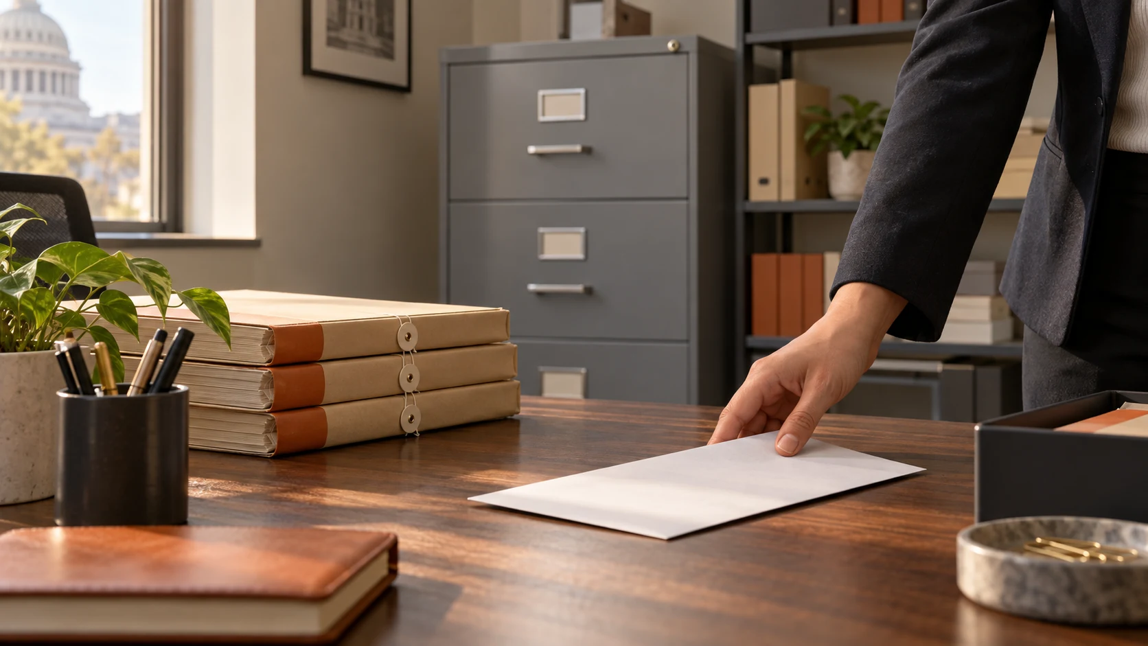 A notification folder sits on a desk in an administrative records office
