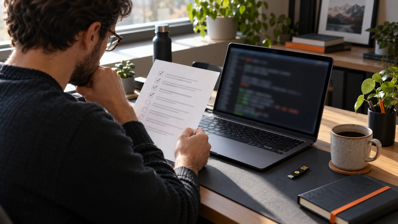 Un développeur vérifie une liste de déploiement logiciel sur un bureau