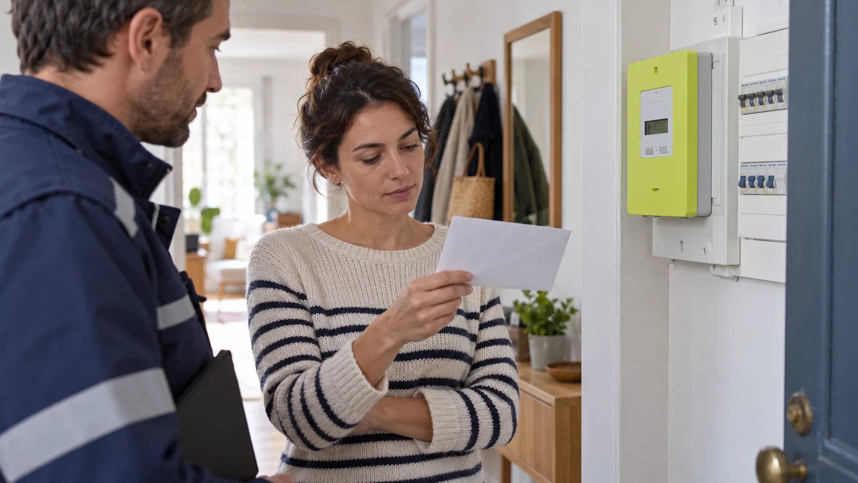 A customer reviews an energy statement while a technician reads a meter