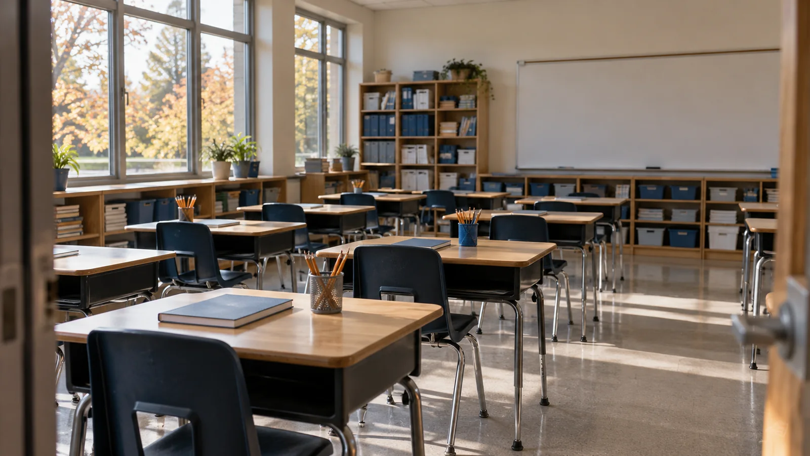 An empty classroom with desks and neatly stored school materials