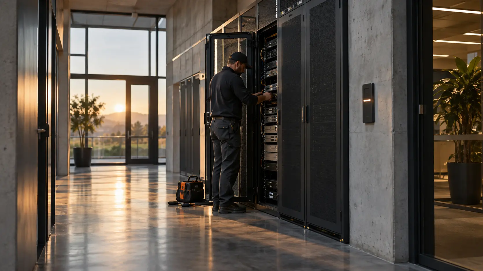 A technician works on a network cabinet in a corridor