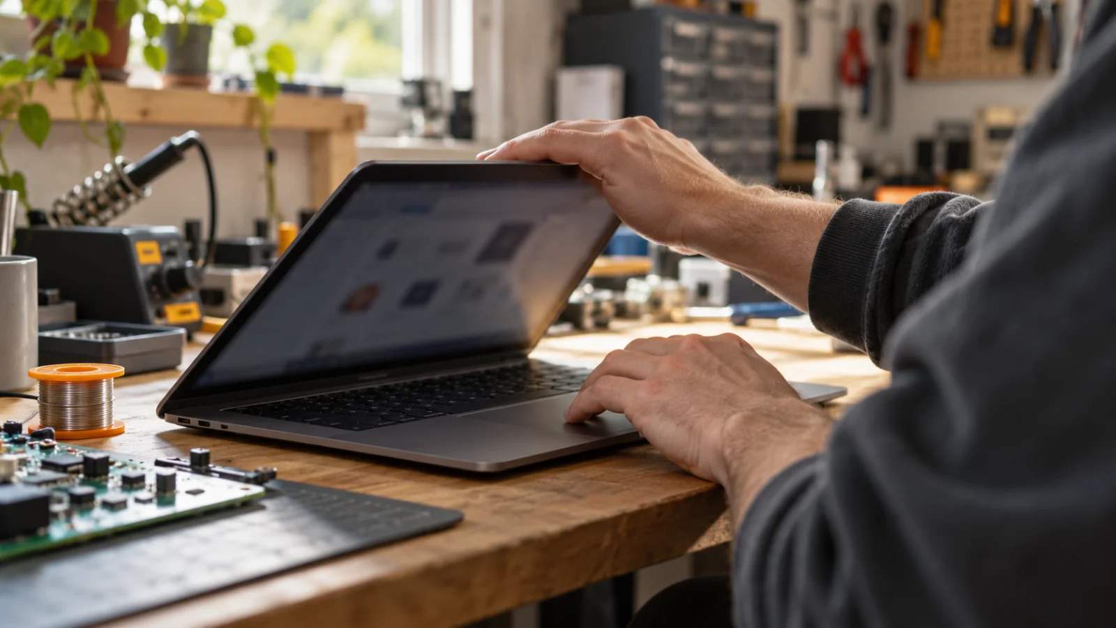 A technician inspects a laptop on an electronics workbench