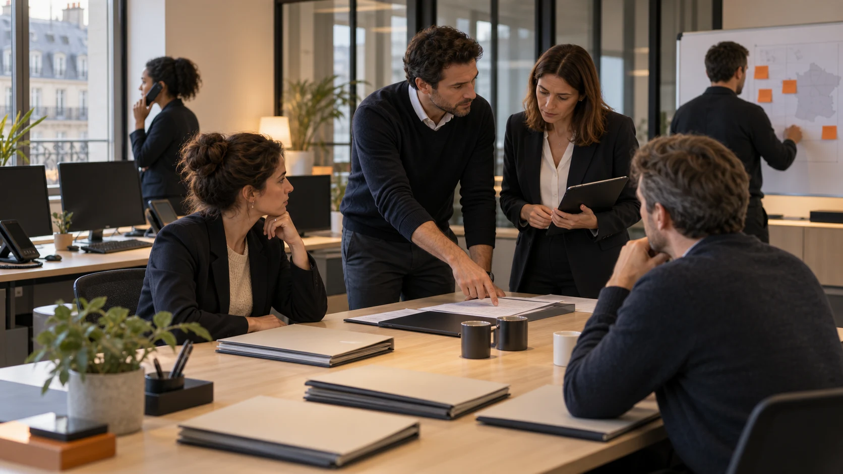 Finance professionals reviewing confidential files in an office