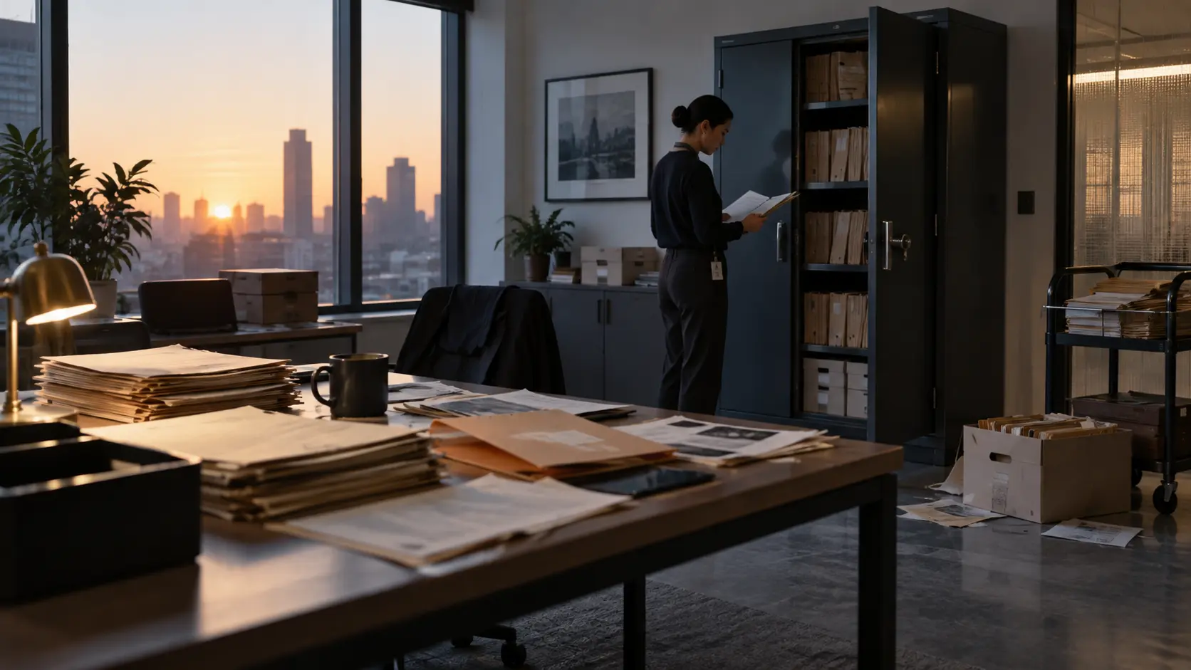 Paper files being reviewed in a financial archive room after a security incident