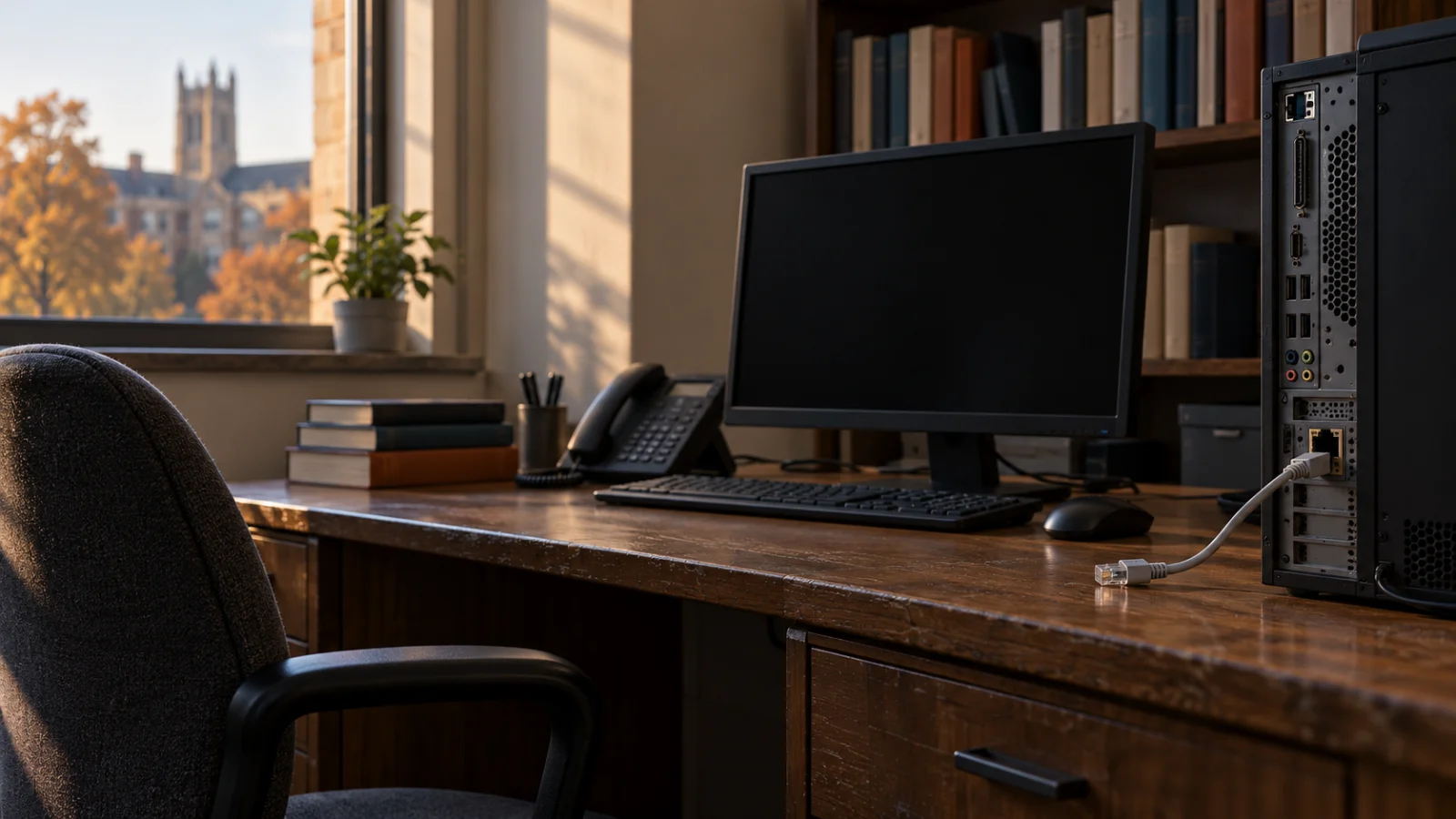 An empty office desk after an Ethernet cable was unplugged