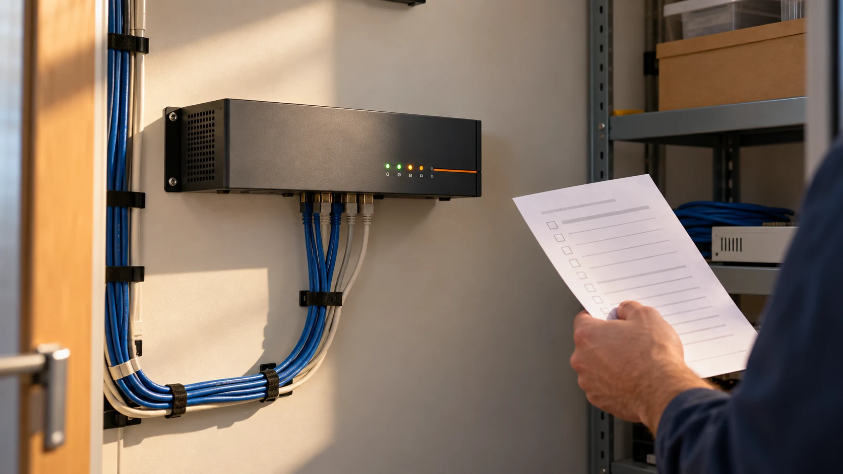 A technician checks an email security appliance in a network closet