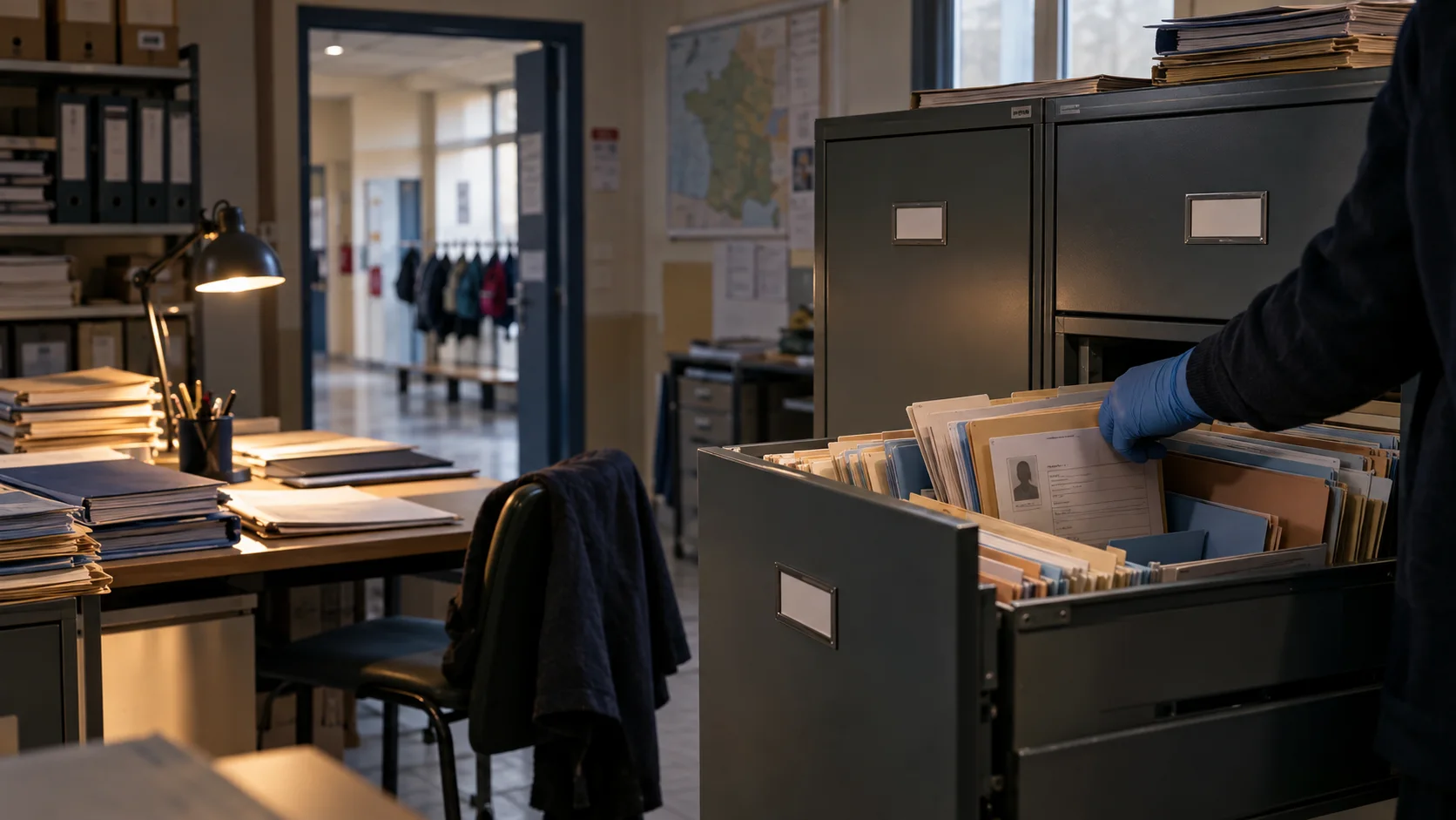 School records being checked in the archive room of a French educational institution