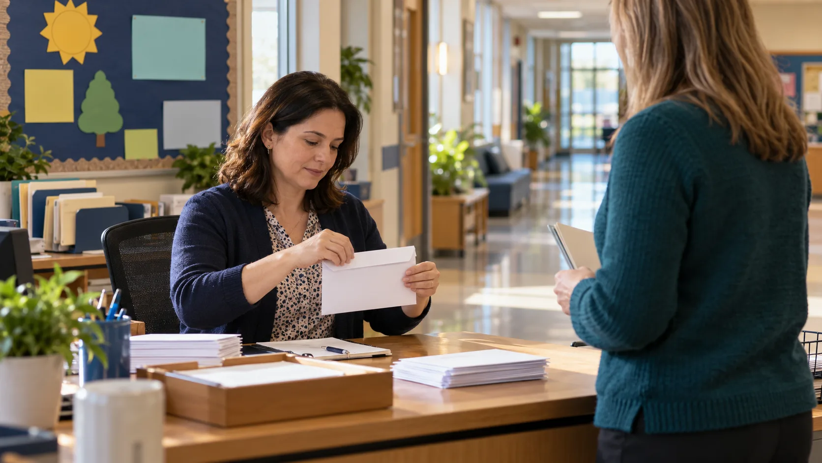 An employee prepares a notification envelope in a school district office