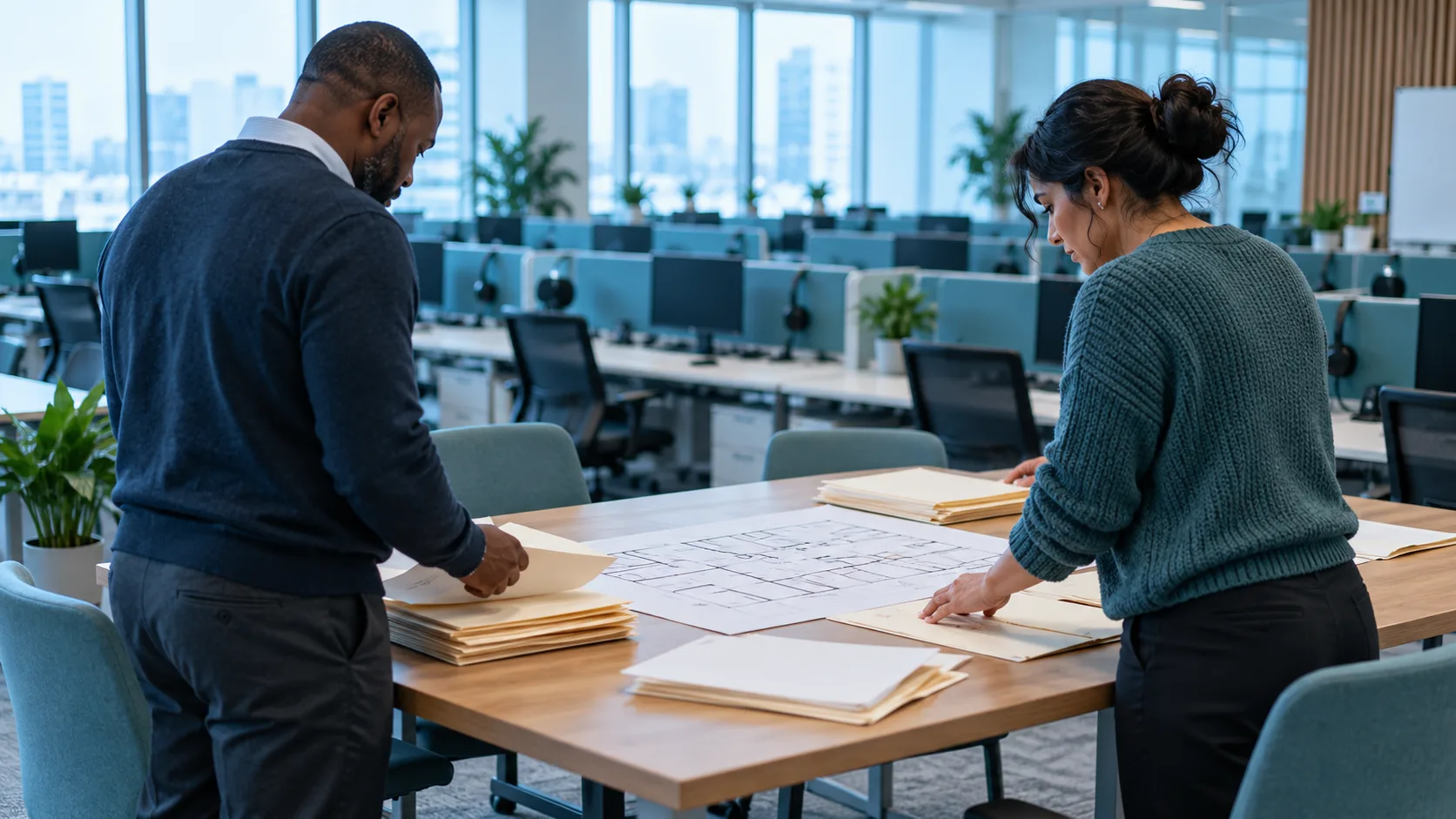 Two colleagues review folders in a contact-center workroom