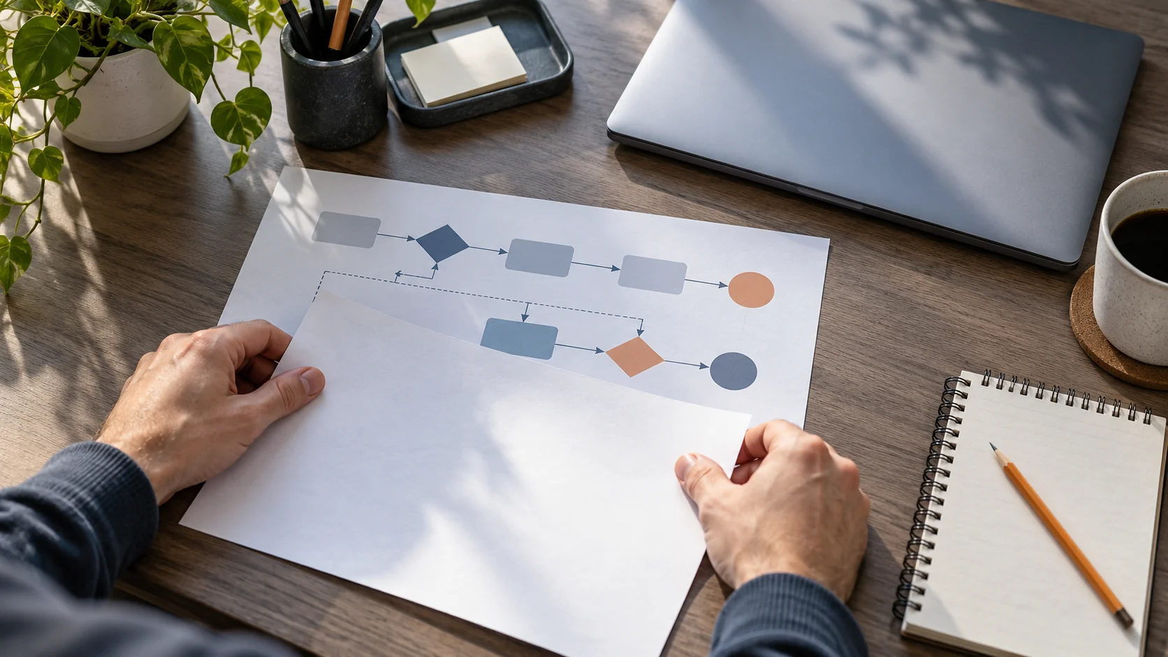 Hands reviewing a printed software pipeline diagram at a desk