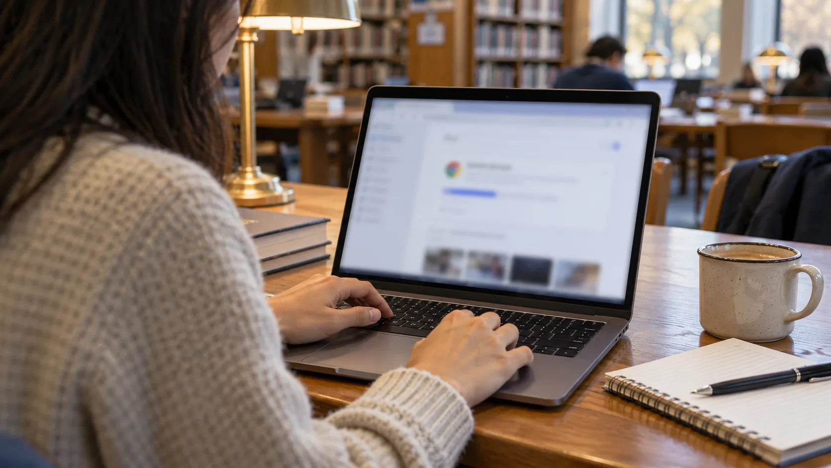 A person checks a browser update on a computer at a library