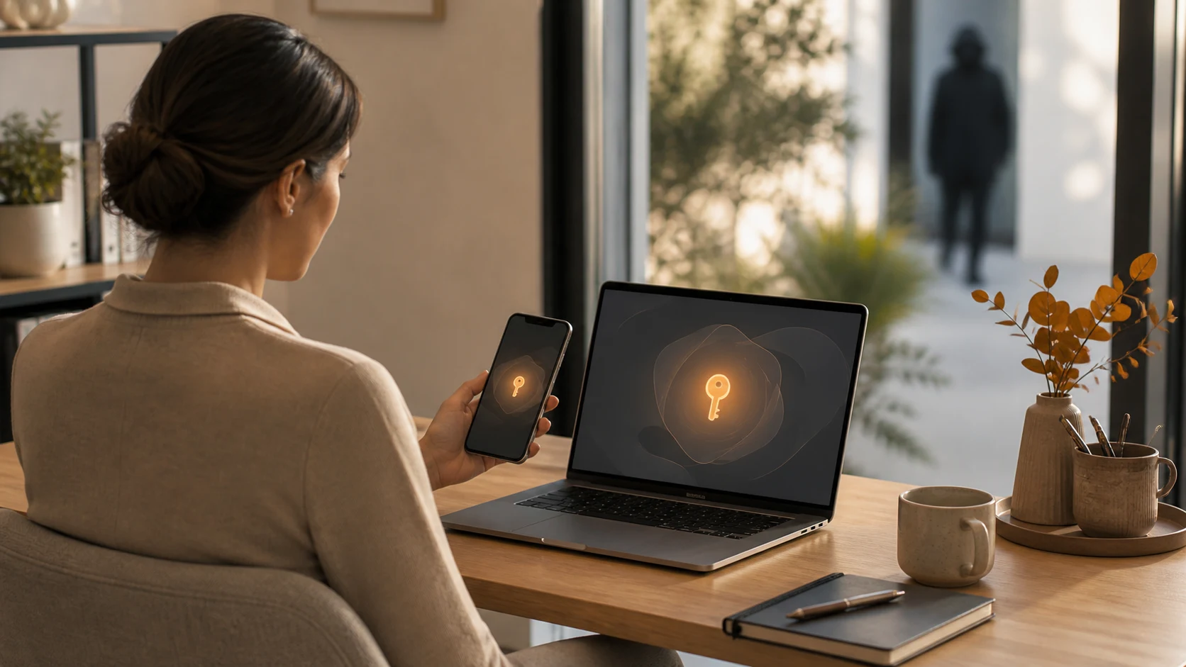 A professional secures access across a laptop and phone